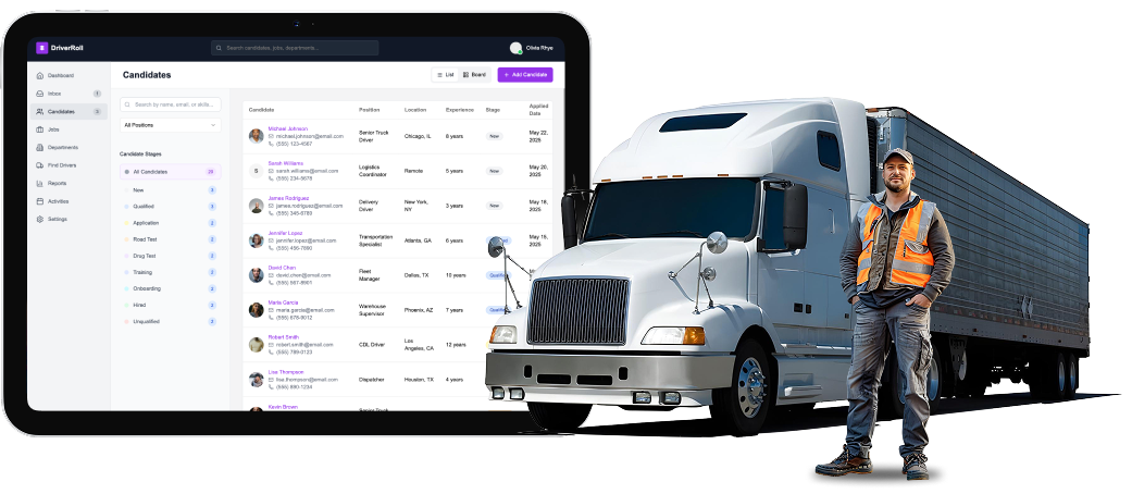 DriverRoll recruiter dashboard showing candidate management on tablet with truck driver